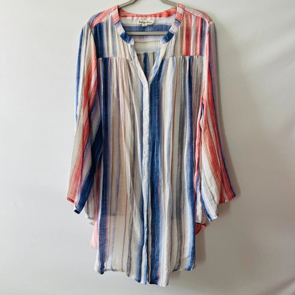 Indigo Row Womens Multicolor Striped Roll Tab Sleeve Hi Low Tunic Shirt Size 3X